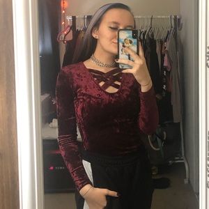deep red velvet body suit